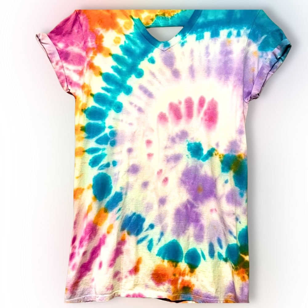 Handcrafted Upcycled V Neck Tie Dye T Shirt Cutout Back Slits Womens SZ M